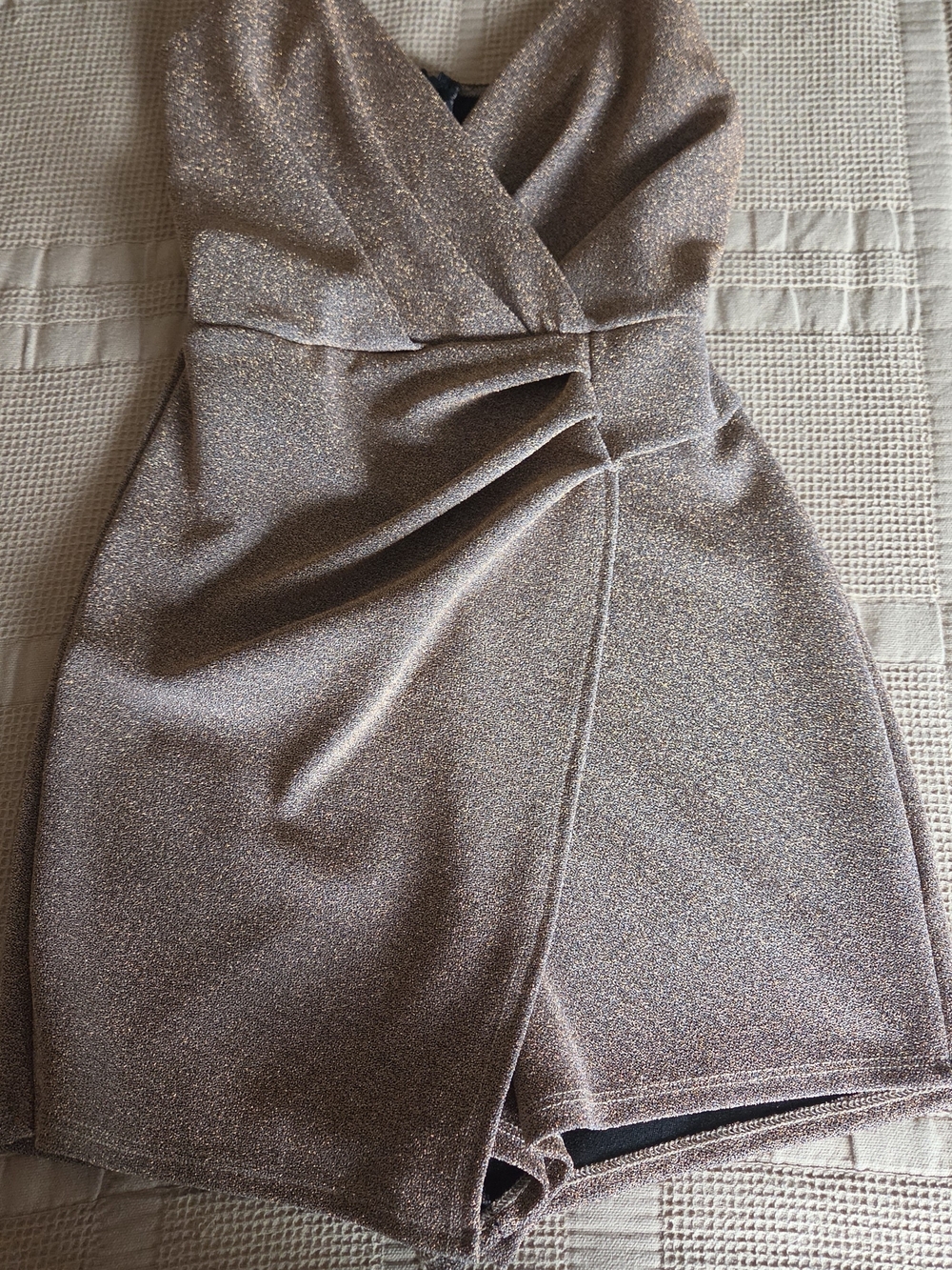 AKIRA Rose Gold Shimmer Wrap Mini Dress Romper